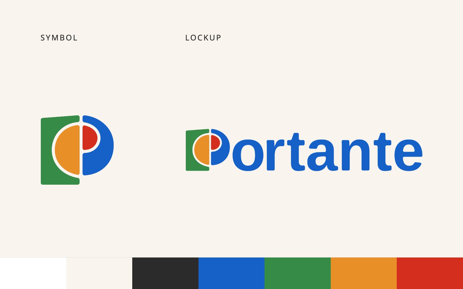 Portante: the symbol on the left, the lockup large on the right, the seven brand colours in a band below